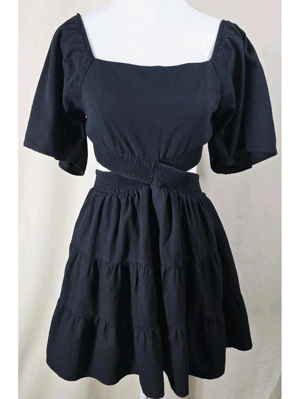 Shy Velvet Womens Black Mini Dress L Square Neck Crossover Cutout Waist Excellen